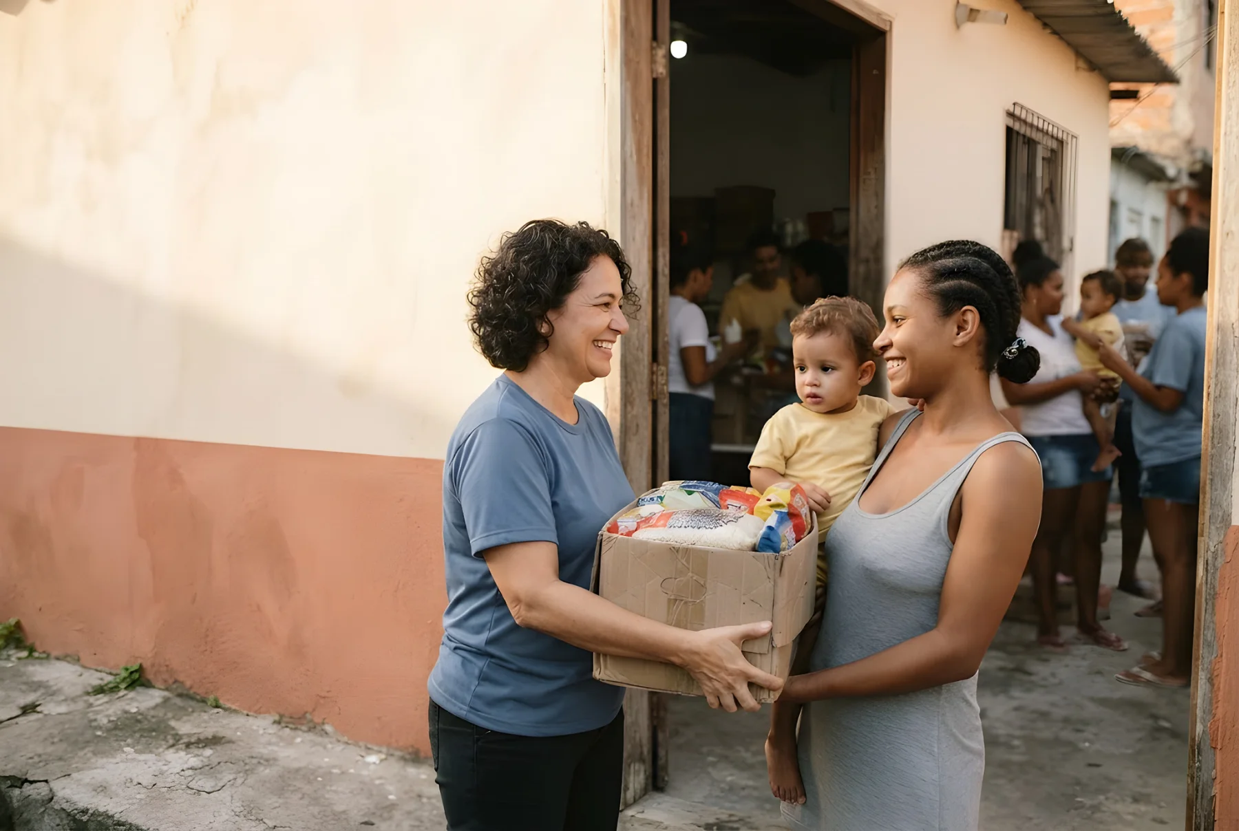 Voluntária entregando cesta básica a uma mãe com criança no colo